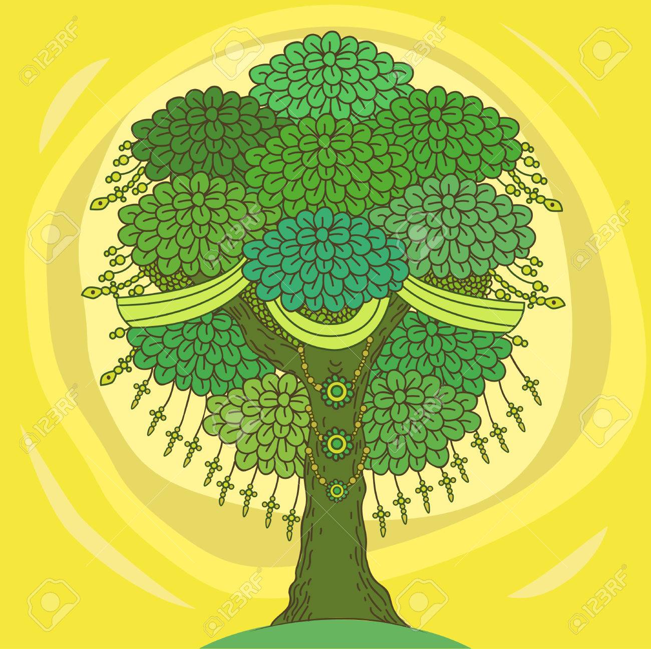 Amazing Color Tree Of Life In The Indian Style With Leaves Cartoon Vector Illustrations