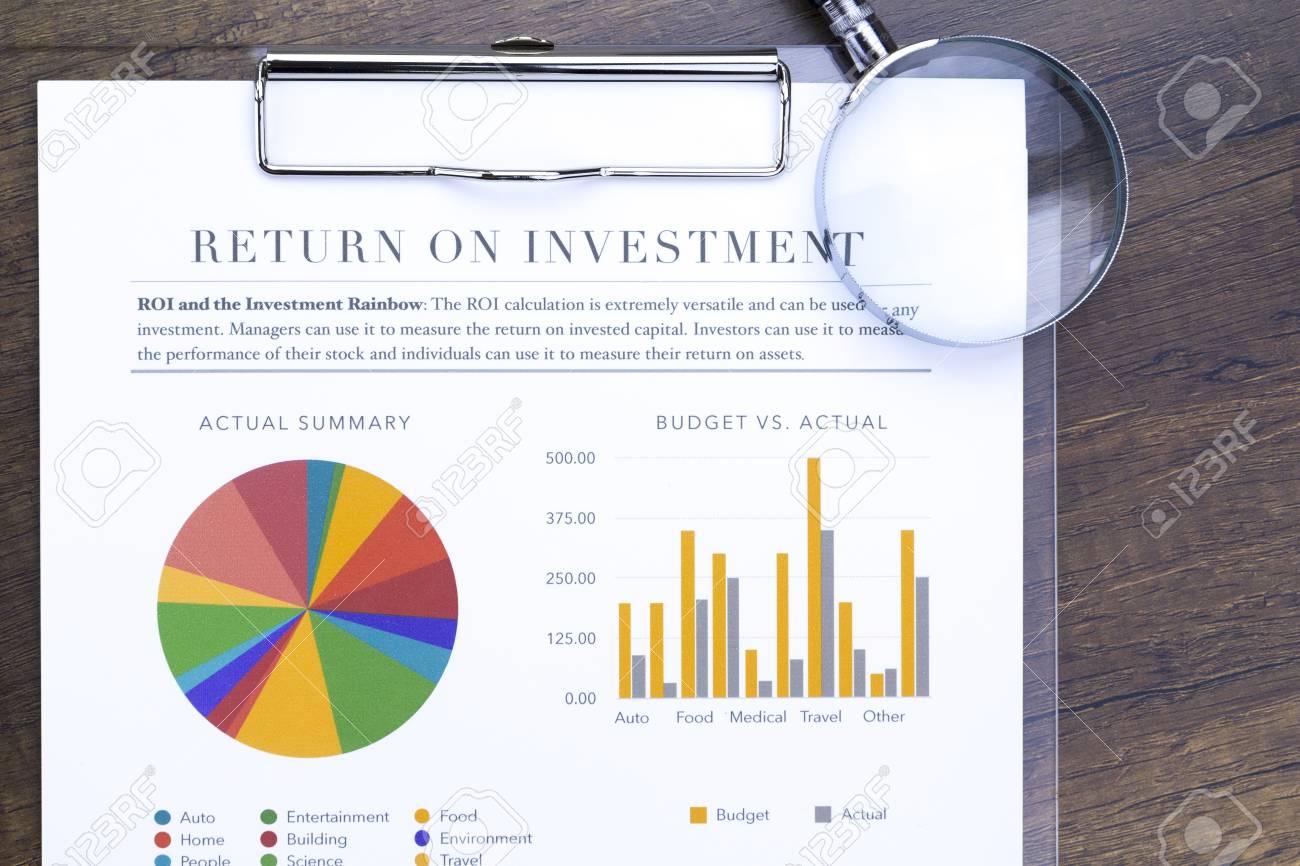 return on investment analysis document with rainbow pie chart stock investment analysis