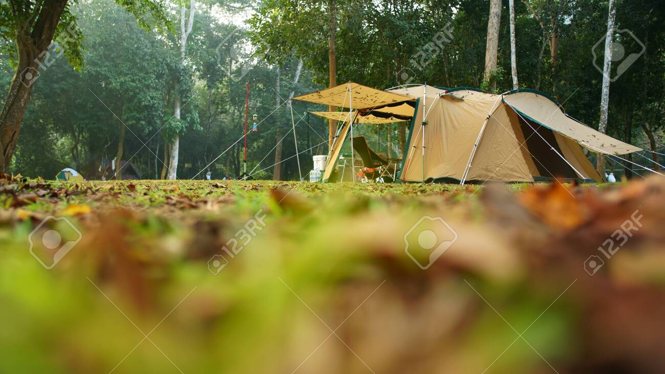 Nature Landscape Camping Tent With Tree On Green Grass Meadow Stock Photo Picture And Royalty Free Image Image 153444488
