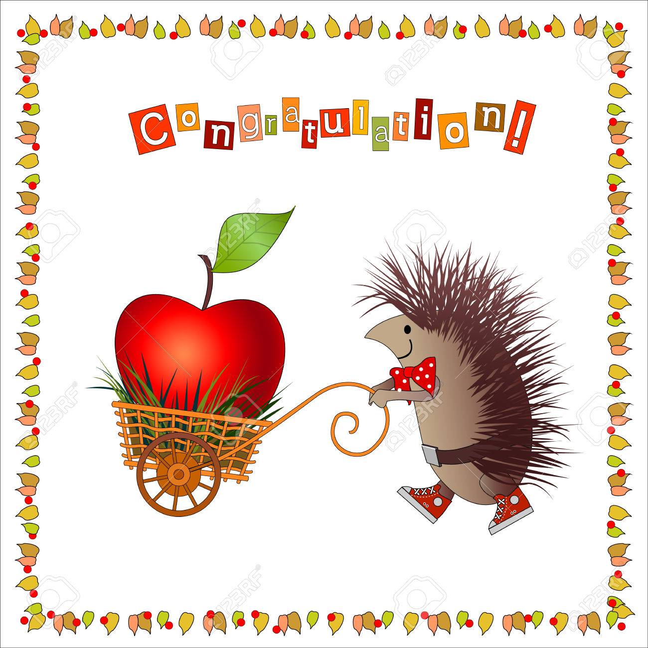 cartoon hedgehog carries big apple in nice handcart frame consist