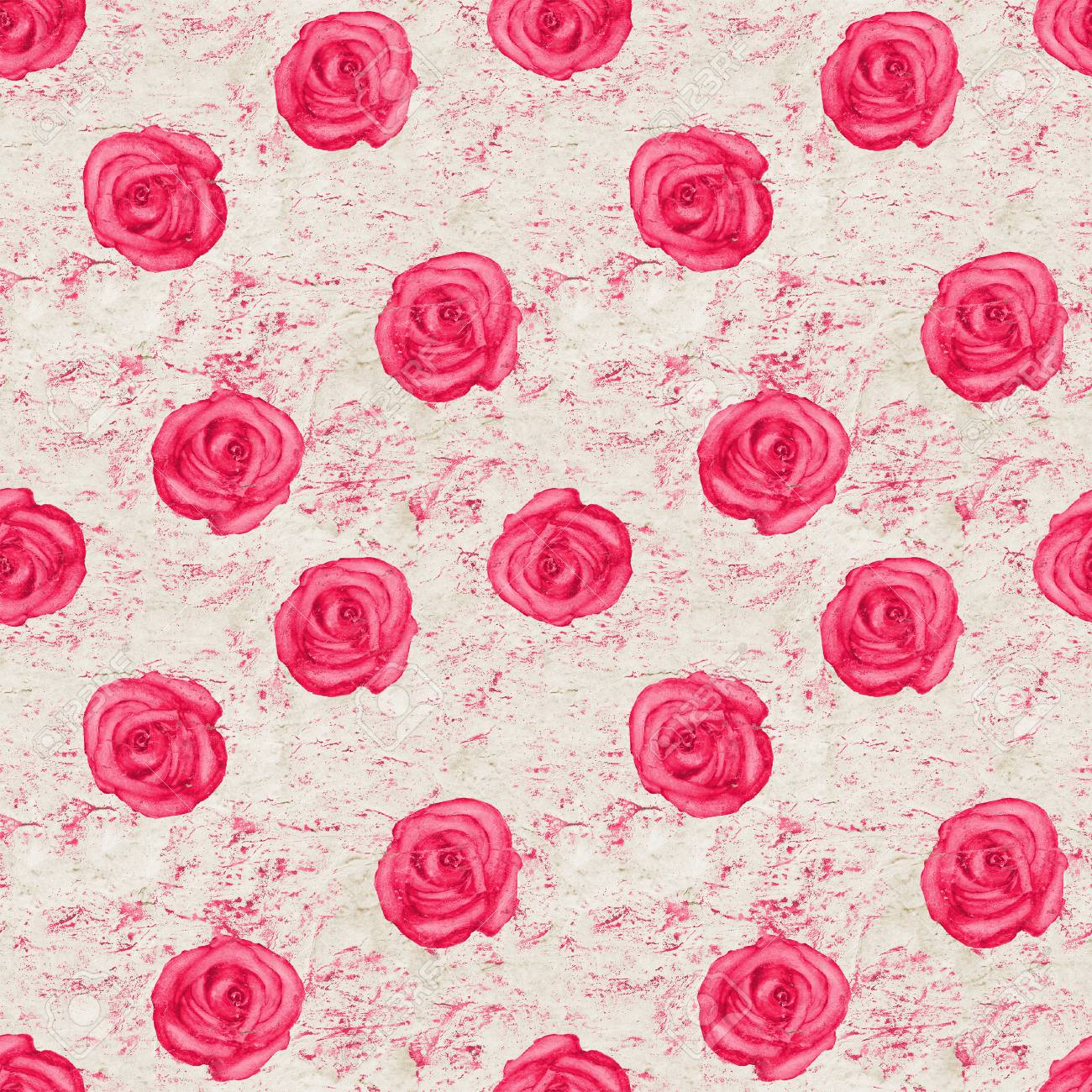 Watercolor Hand Drawn Seamless Pattern With Pink Roses On Old