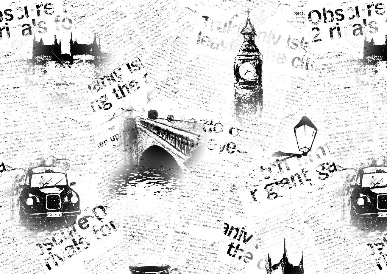 Black And White Newspaper London Background Texture With Hand Drawn Symbols Of England Big Black And White Newspaper London Background Texture With Hand Drawn Symbols Of England Big