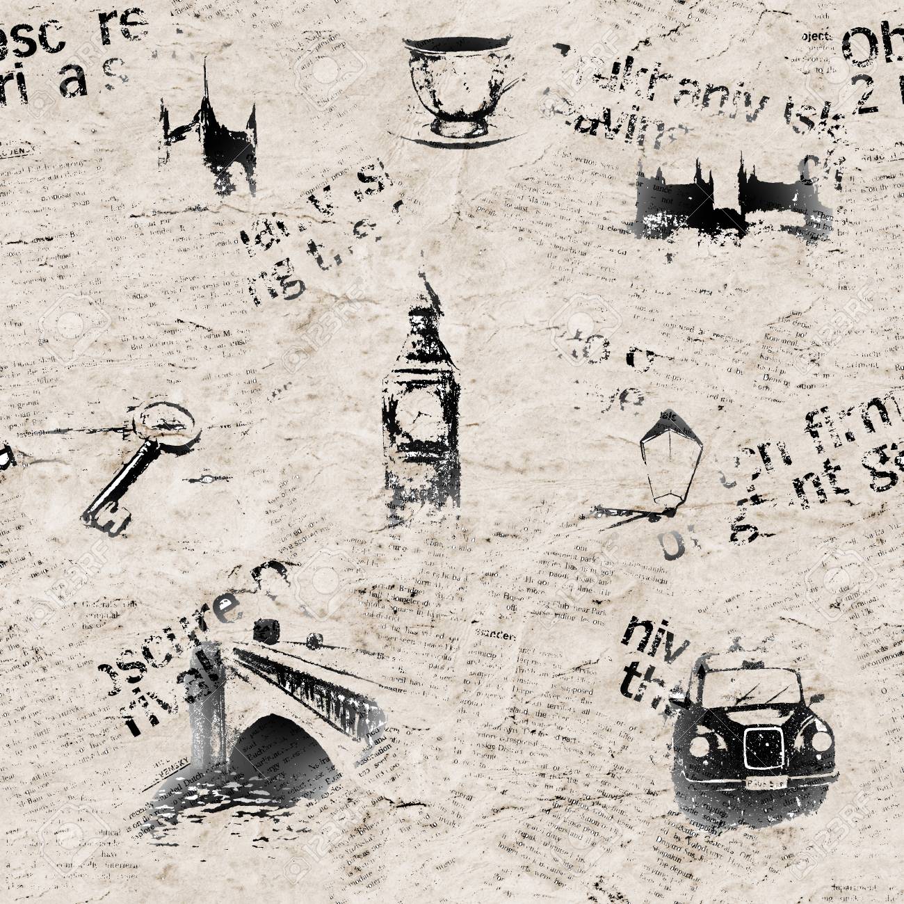 Black And White Newspaper London Background Seamless Texture With Hand Drawn Symbols Of England Black And White Newspaper London Background Seamless Texture With Hand Drawn Symbols Of England