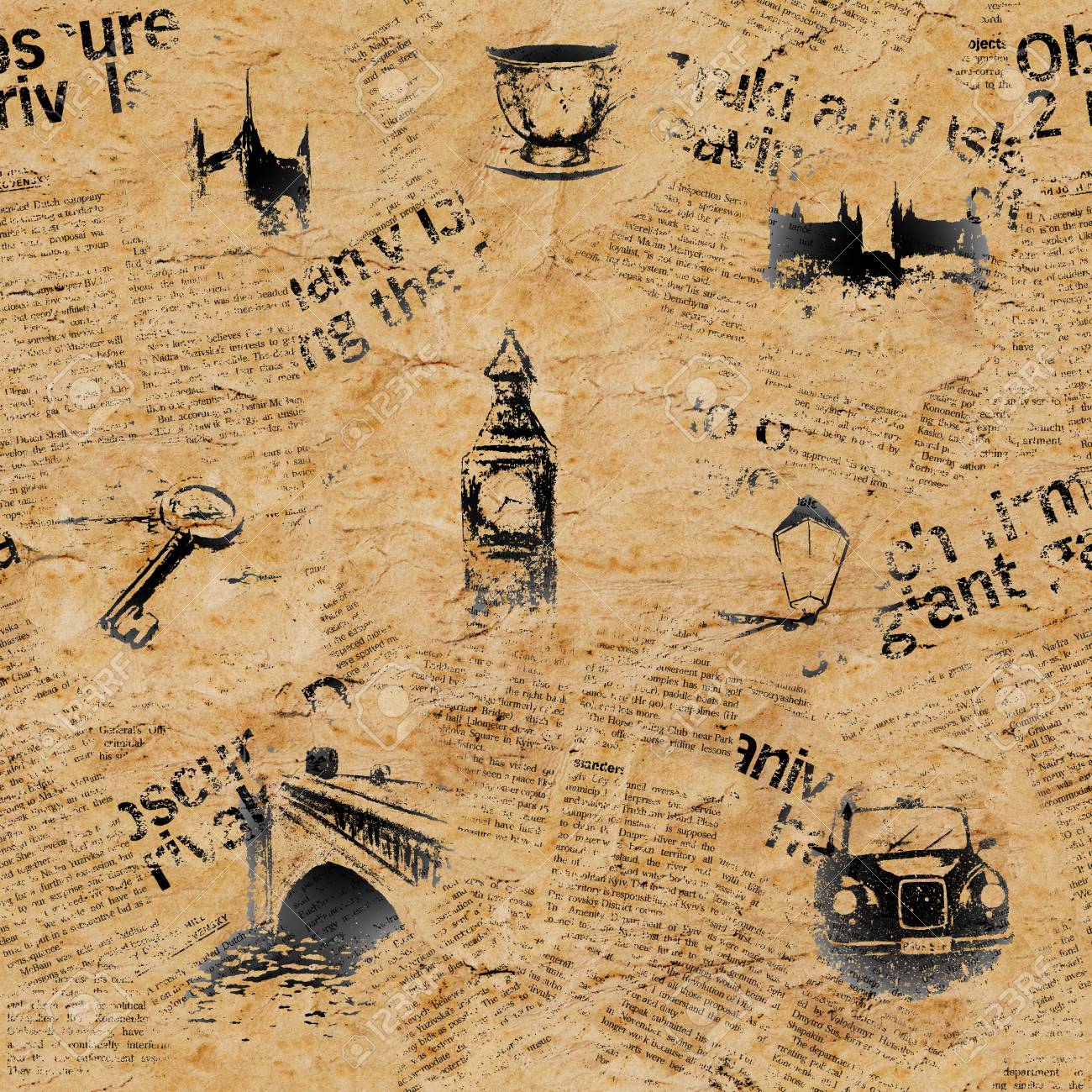 Vintage Beige Newspaper London Grunge Background Seamless Texture Vintage Beige Newspaper London Grunge Background Seamless Texture