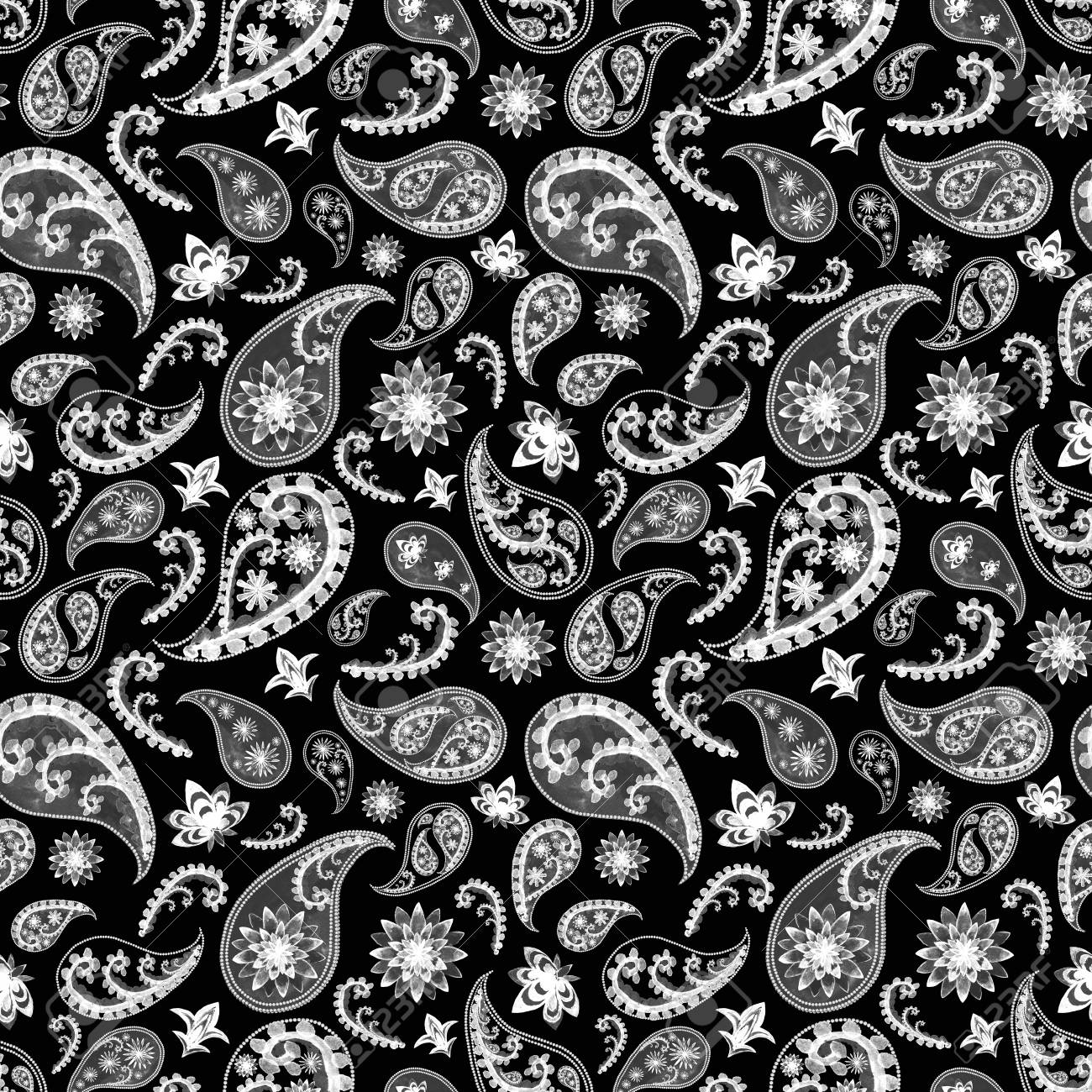 Black And White Paisley Oriental Floral Abstract Vintage Seamless