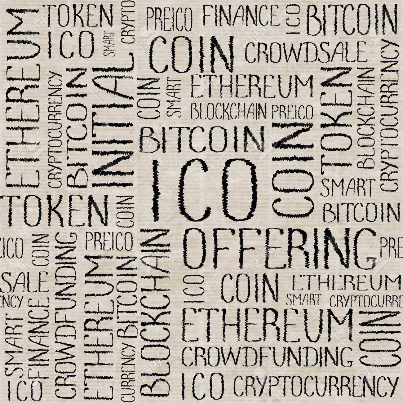 ICOイニシャルコインオファリング、スタートアップクラウドファンディング、ブロックチェーン技術テクスチャ。ベージュの読めない新聞の背景にICOコンセプトの言葉パターン。シームレスなパターンの写真素材・画像素材  Image 94441846