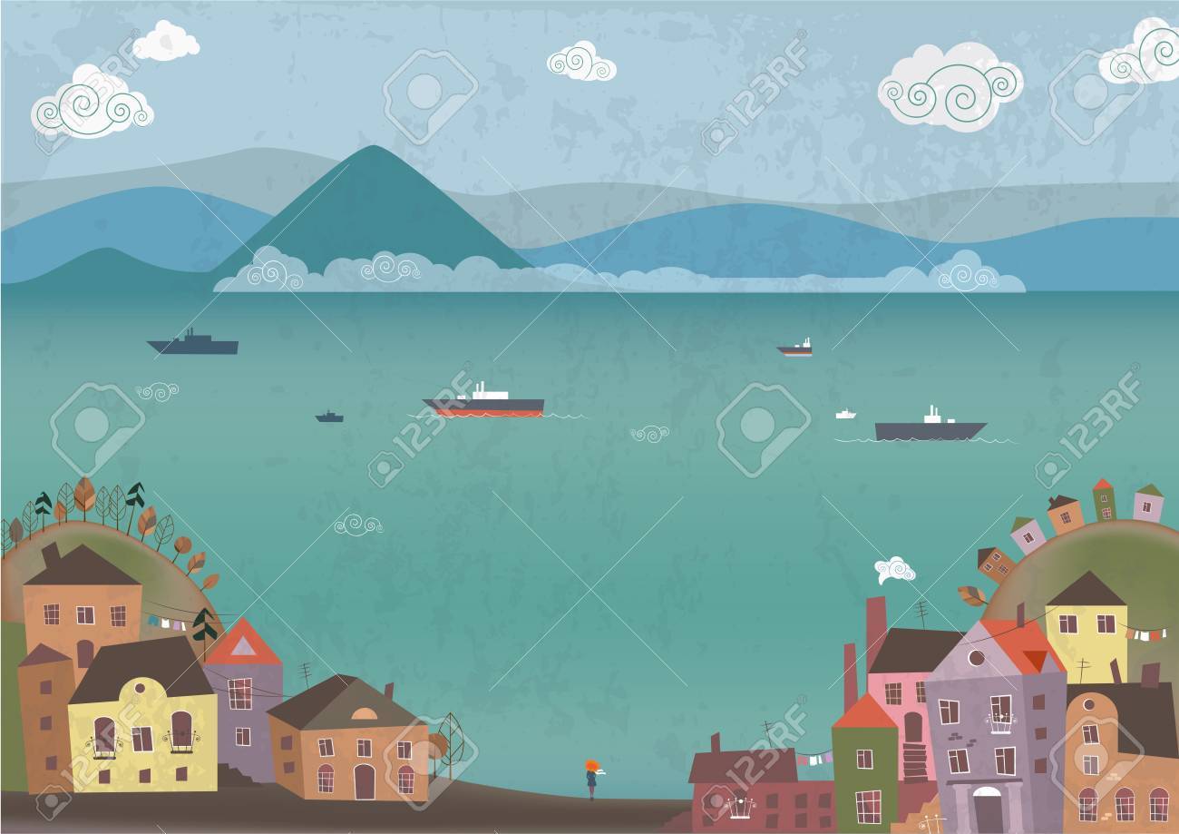 ビーチの海の海岸と夢少女の町のベクトル図のイラスト素材 ベクタ Image