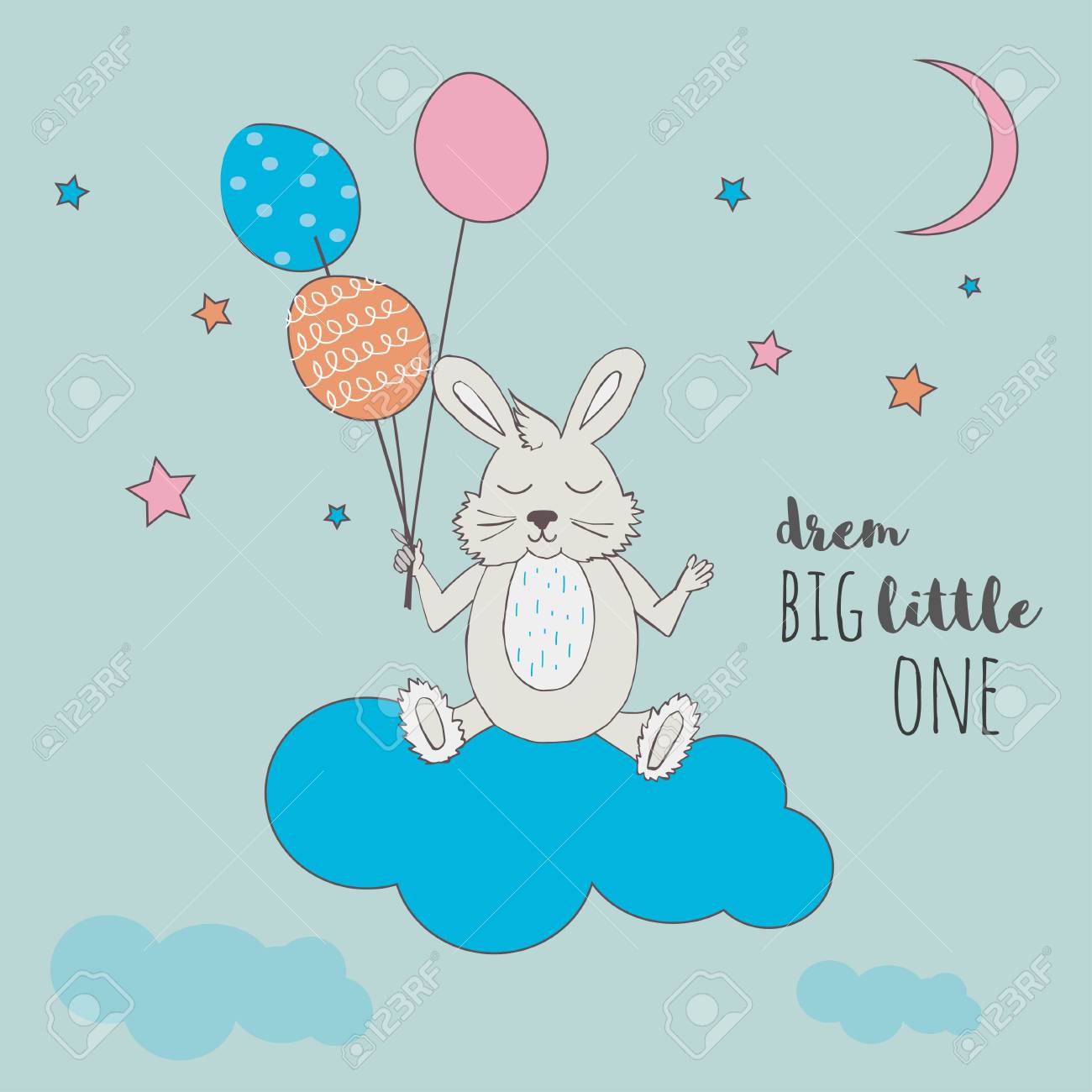 Mignon Petit Lapin Avec Des Ballons Dormir Sur Un Nuage Illustration De Dessin Anime De Vecteur Peut Etre Utilise Pour Le T Shirt De Bebe Conception D Impression Baby Shower Carte De Voeux Et