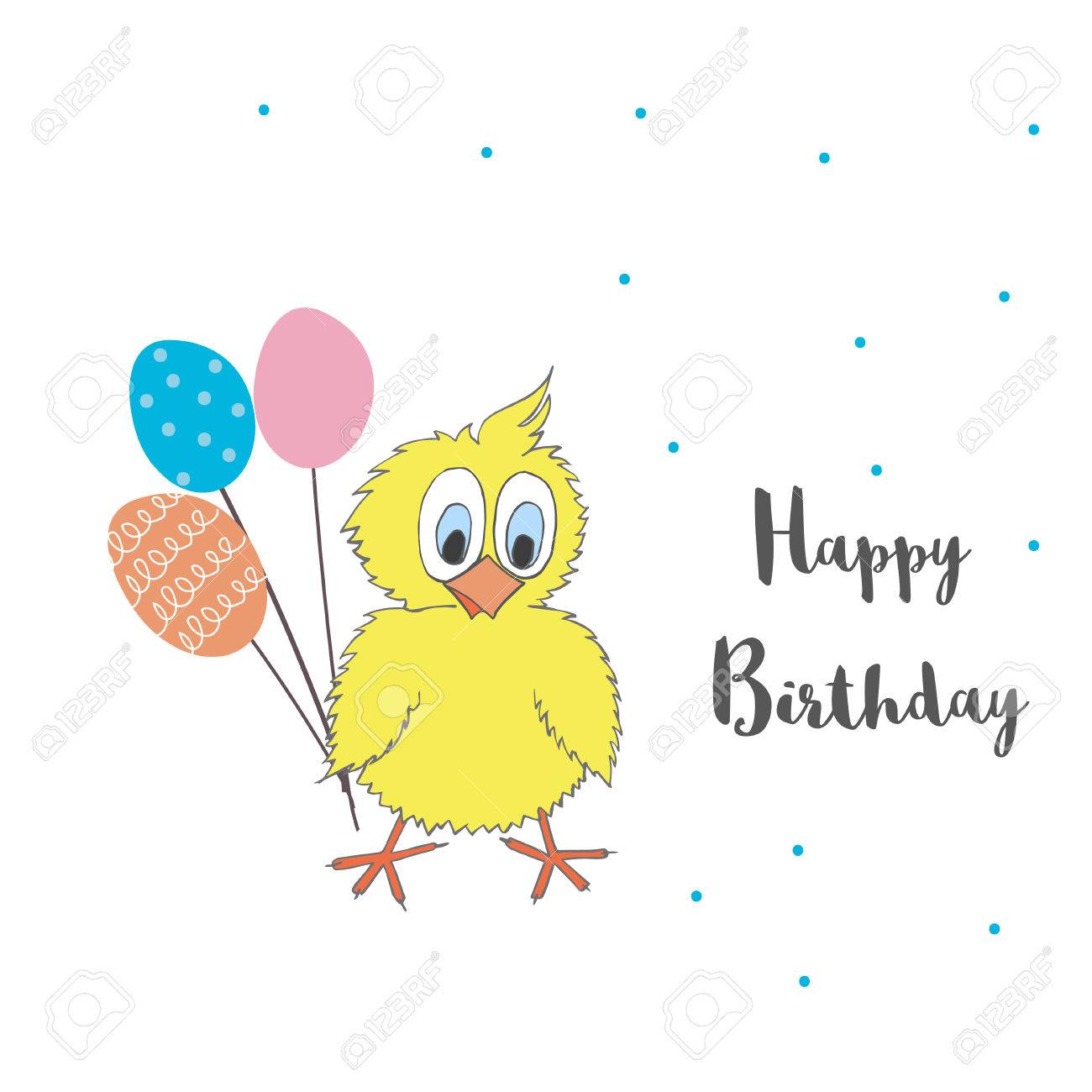 cute little chicken with balloons and words happy birthday vector