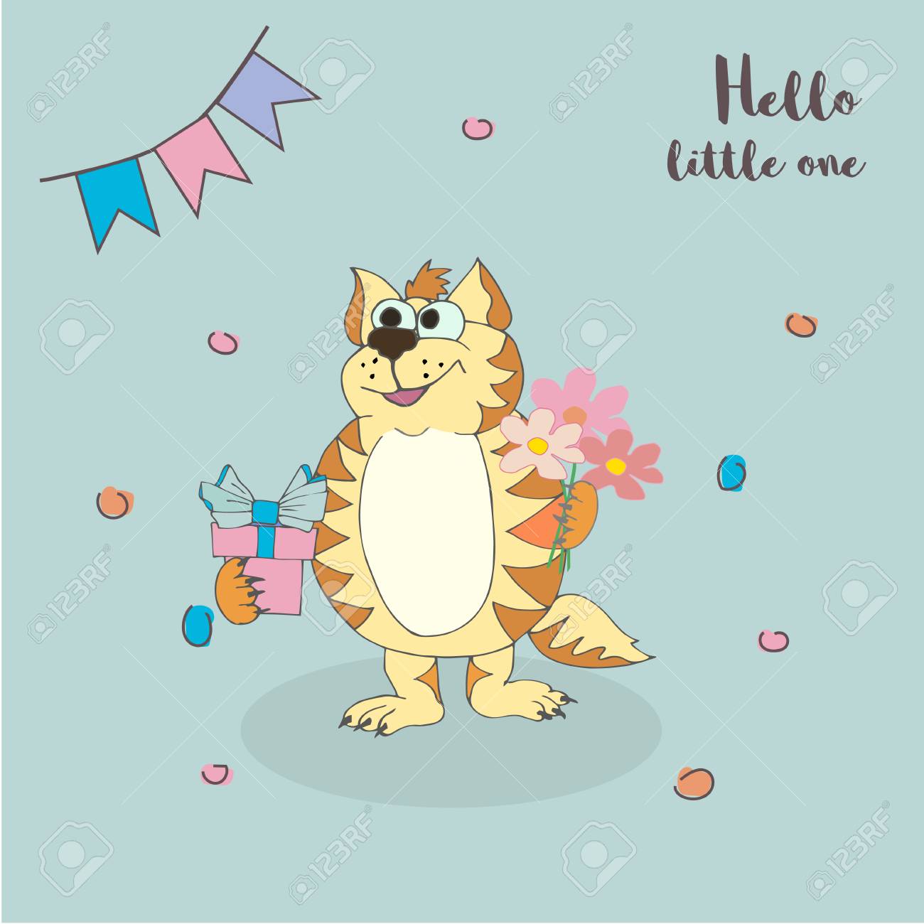 Chat Mignon Avec Des Cadeaux Des Fleurs Et Des Mots Bonjour Little One Illustration De Dessin Animé De Vecteur Peut être Utilisé Pour Le T Shirt De