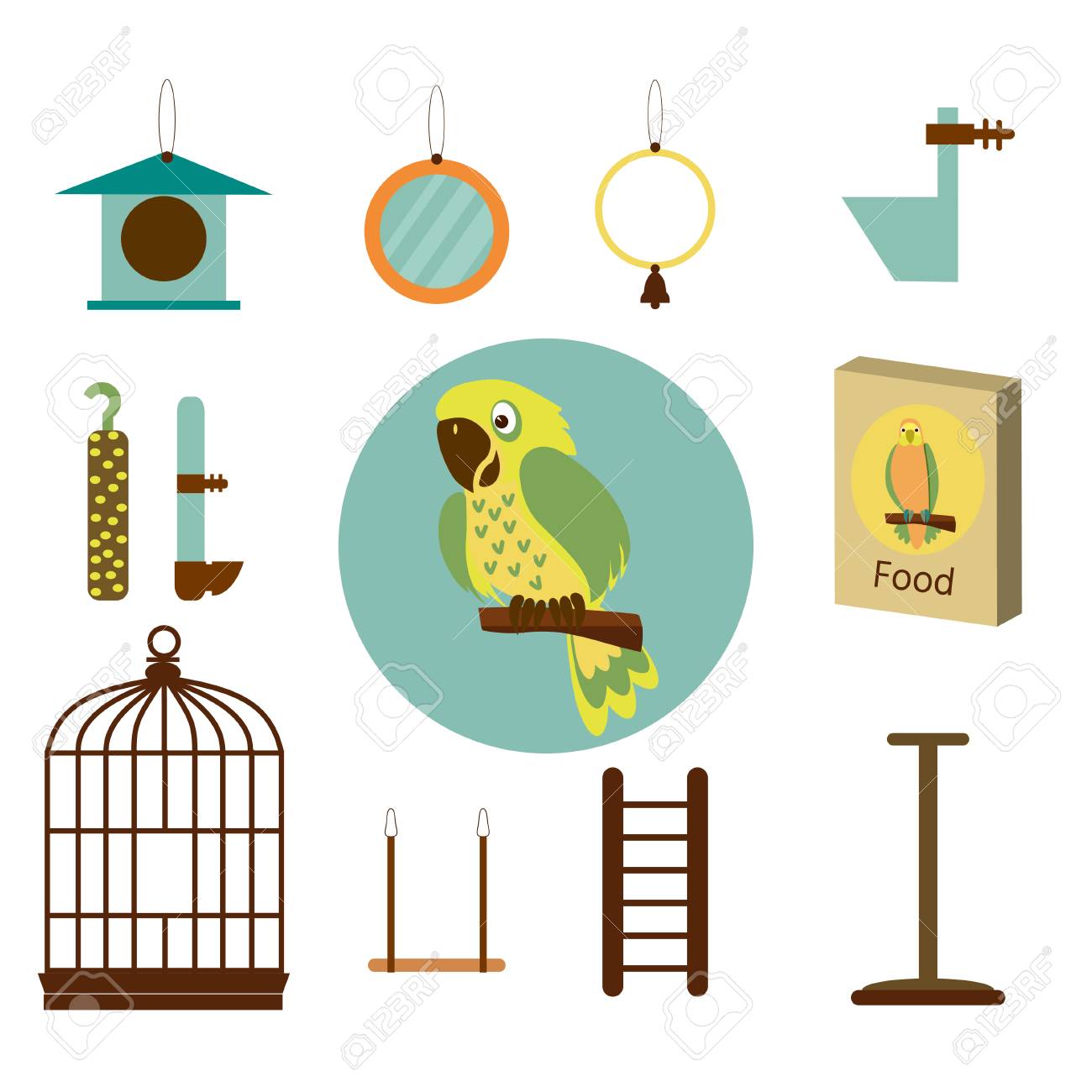 케이지, 음식, 다른 장난감 및 액세서리와 함께 아이콘 앵무새를 설정합니다. 애완 동물 가게 개념. 벡터 일러스트 레이 션. 로열티  무료 사진, 그림, 이미지 그리고 스톡포토그래피. Image 109814257