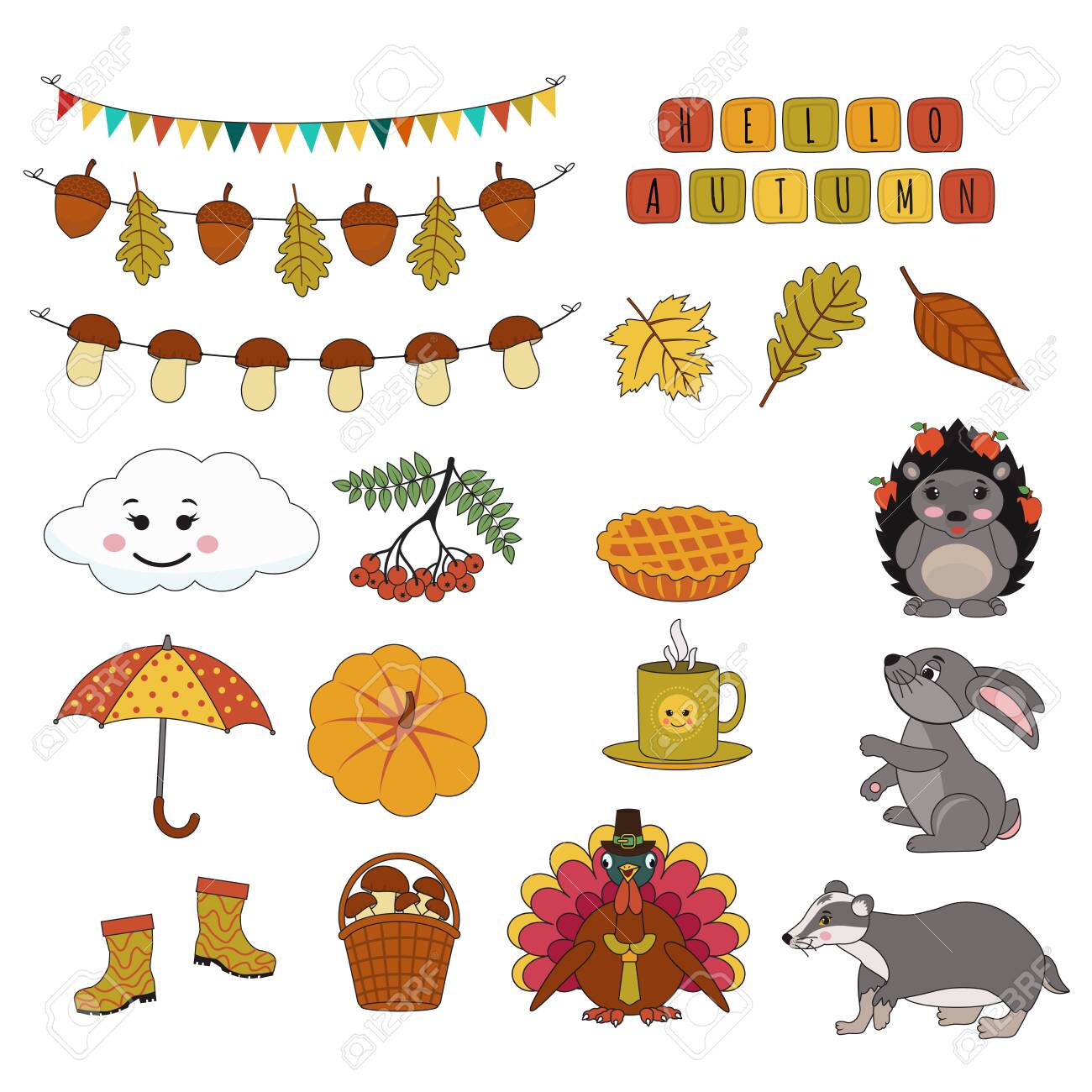 かわいい秋のステッカーのセット トルコ 傘 ハリネズミ アナグマ 傘 馬 カボチャ ガーランドキノコ 葉 ベクター漫画のイラストは 子供の装飾 印刷 カード ステッカーキットに使用することができます のイラスト素材 ベクタ Image