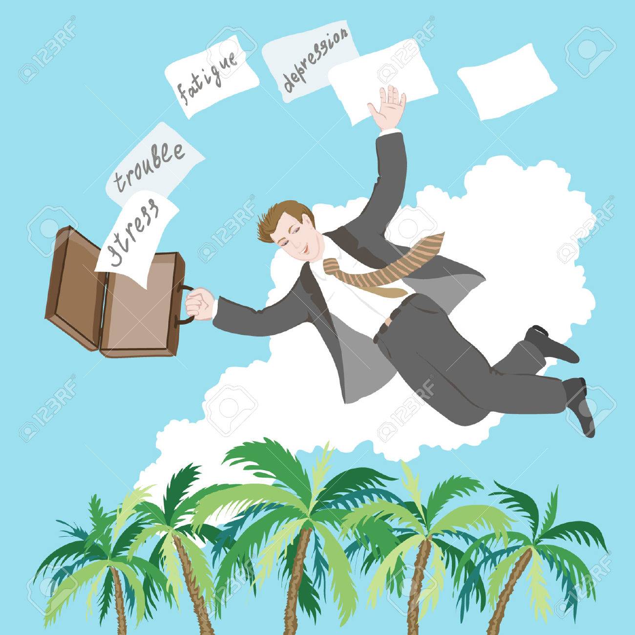 ビジネスマンは フリーランスの仕事と幸せと自由の海岸に飛ぶ ストレス 悩み 疲労 過去にうつ病を残します のイラスト素材 ベクタ Image 6108