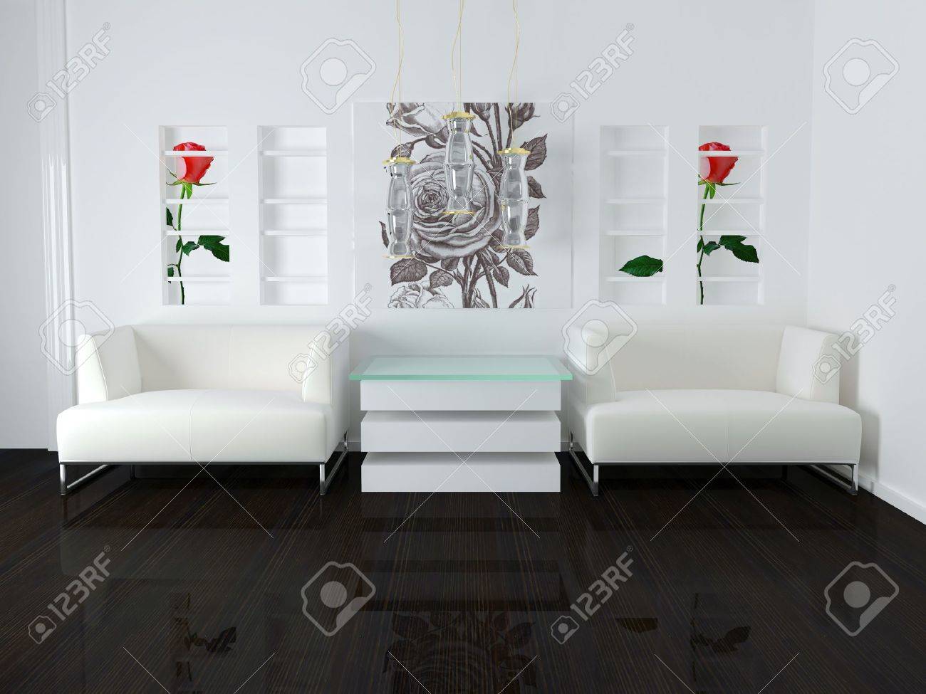 モダンな家具 素敵なインテリアは 3 D の白のリビング ルームのインテリア デザインのレンダリングします の写真素材 画像素材 Image