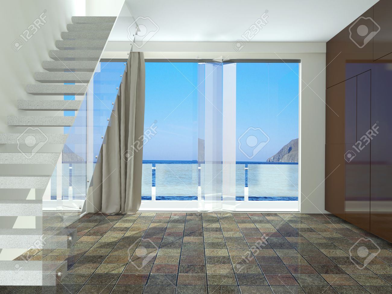 海の美しい景色を階段と広々 とした空の部屋 インテリア デザイン の写真素材 画像素材 Image