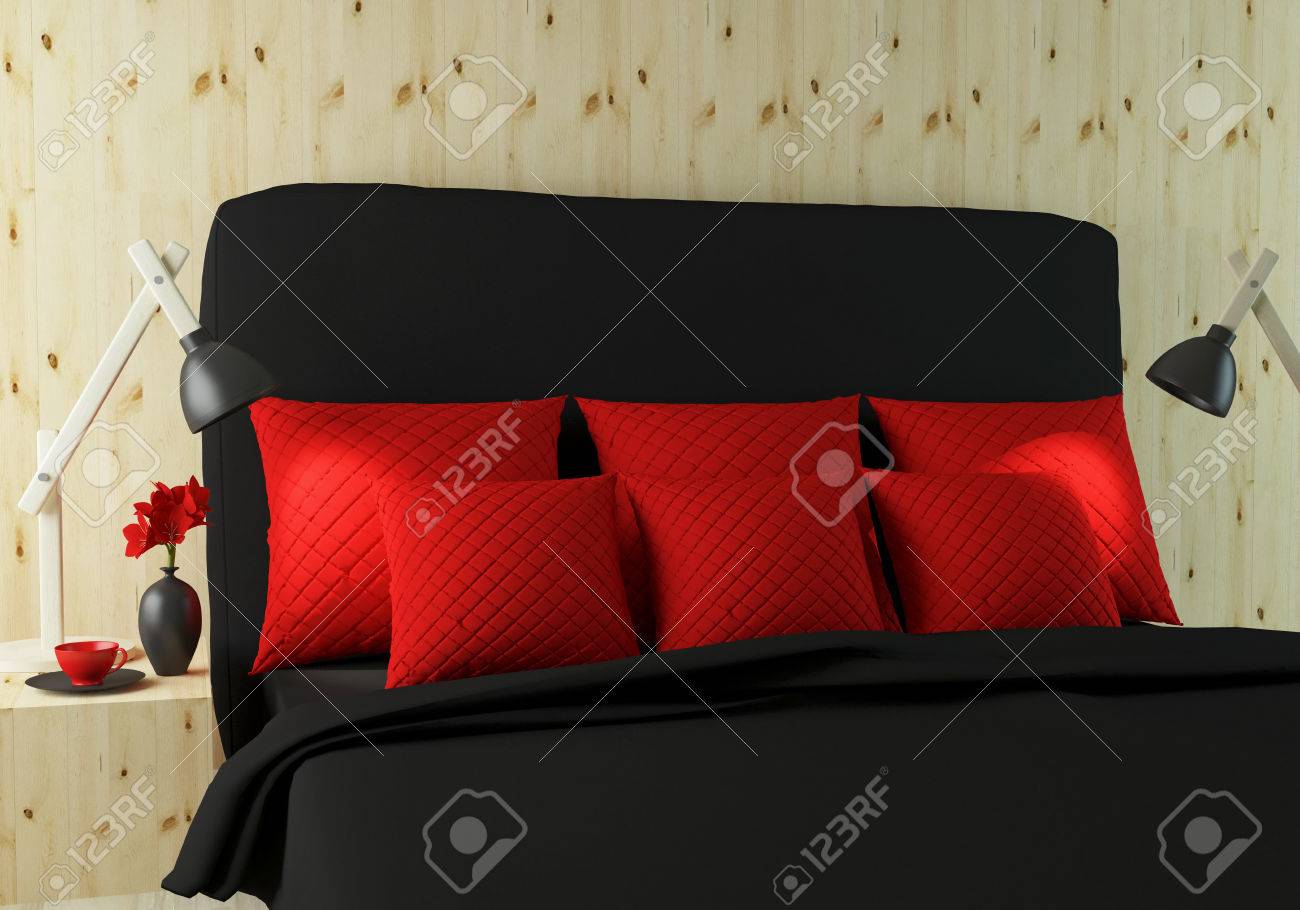 Modern Bedroom Interior Design. Wooden Wall, Black And Red Bed. Stock  Photo, Picture and Royalty Free Image. Image 32596306., image size:1300x910