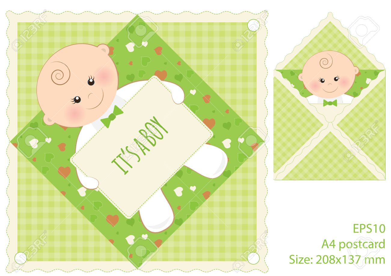 Carte Verte Ce Est Un Garcon Vecteur Bebe Garcon Avec Cadre De Texte Sur Belle Motif De Fond Avec Des Coeurs Clip Art Libres De Droits Vecteurs Et Illustration Image