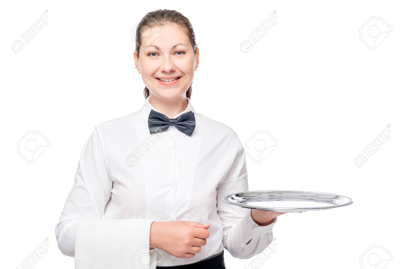 スタジオ ポーズ盆を持って自信を持ってウェイター の写真素材 画像素材 Image