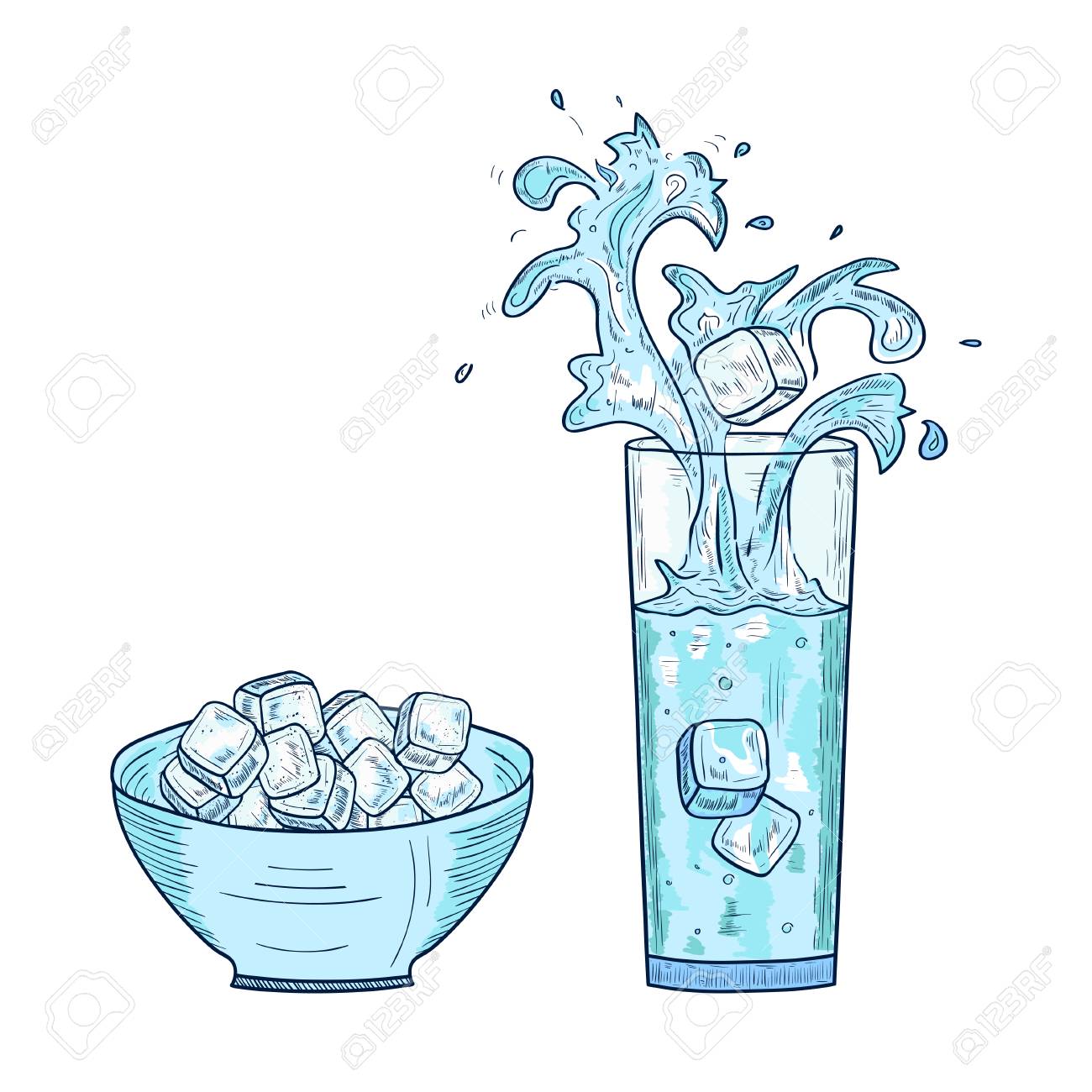 A Glass With Water Ice A Cup Splashes Drops Set Sketch Royalty Free Cliparts Vectors And Stock Illustration Image