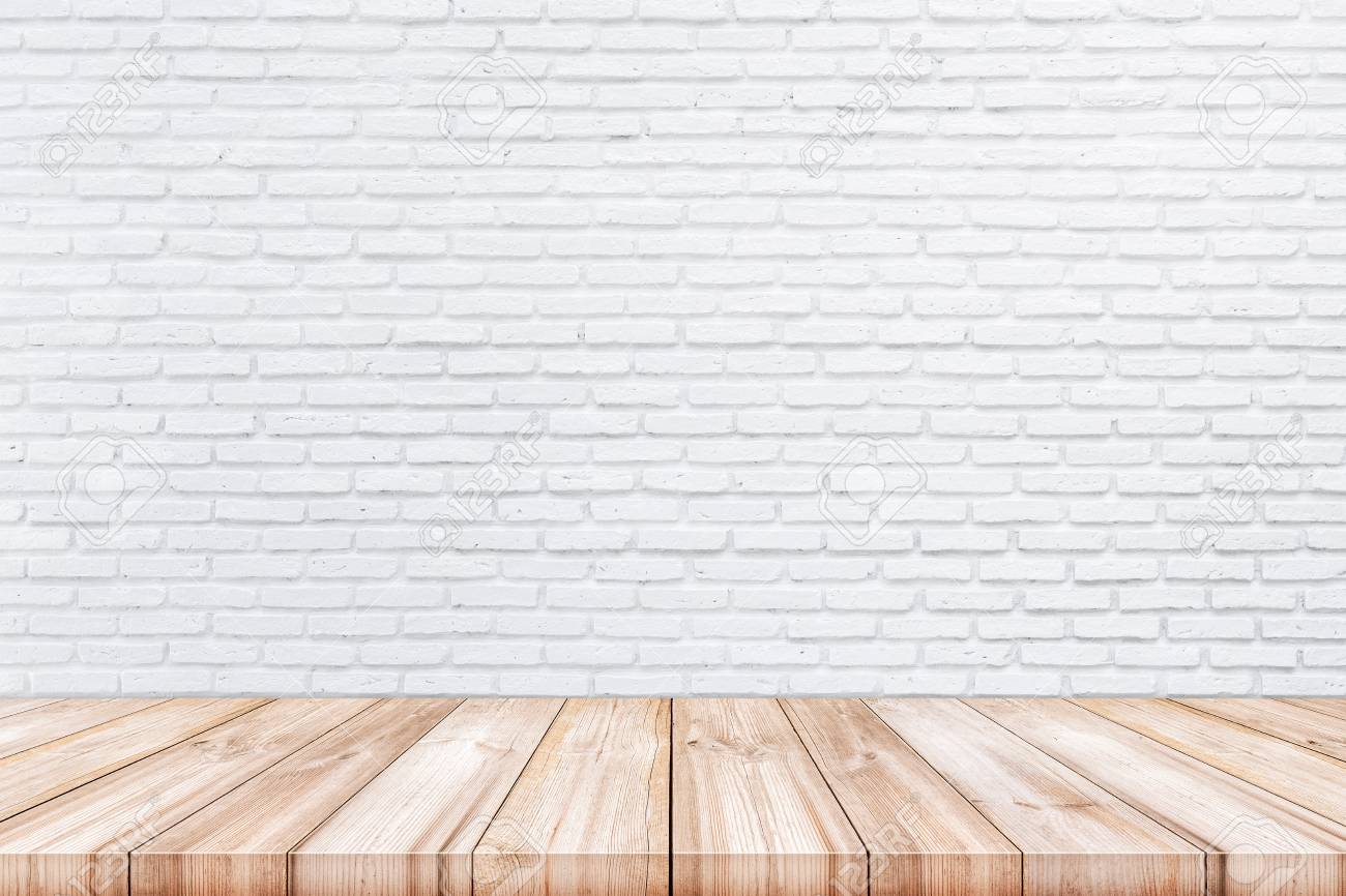 Empty Wooden Table Top With White Brick Wall Background Can Stock Photo Picture And Royalty Free Image Image