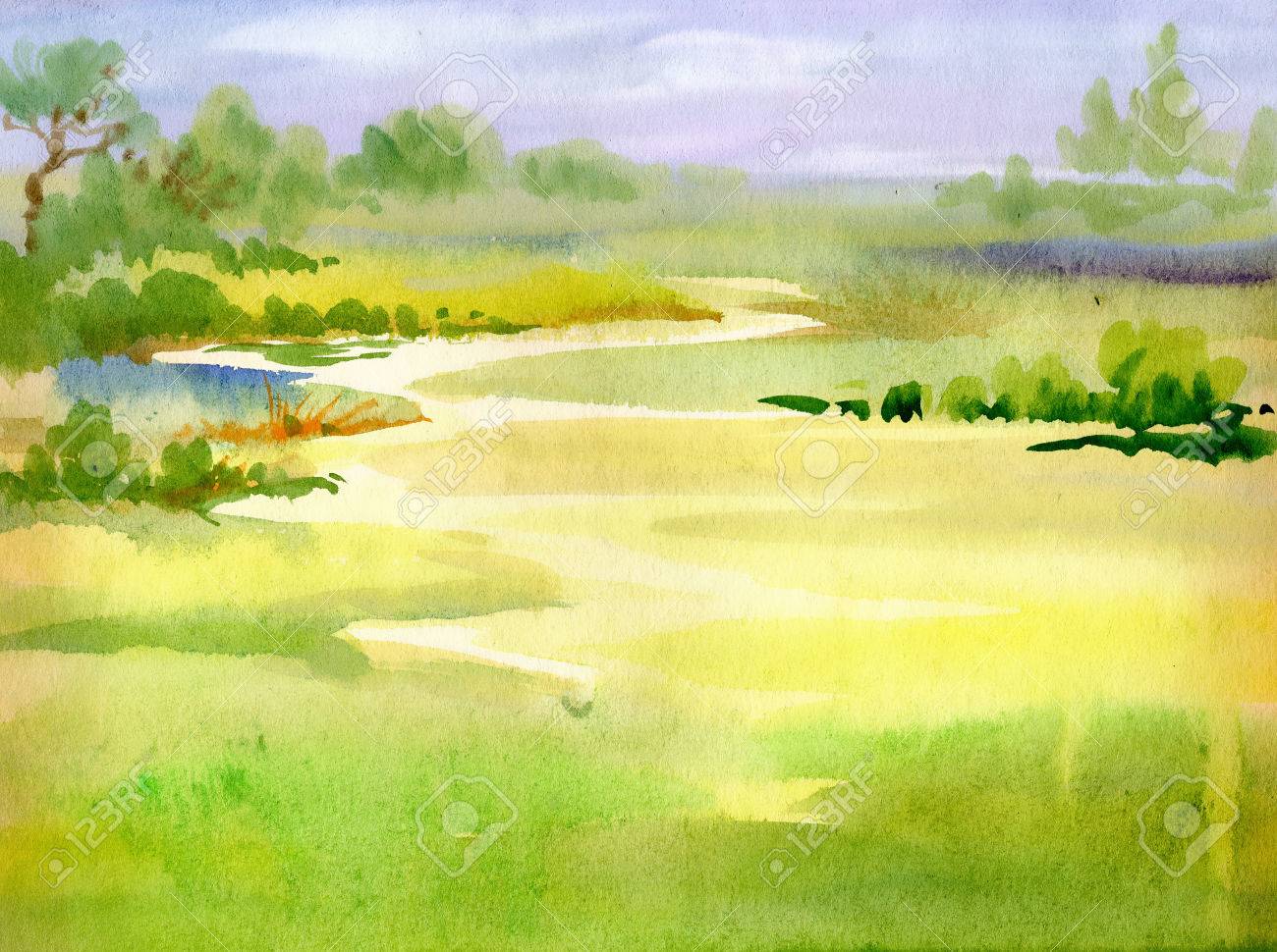 水彩川自然風景 のイラスト素材 ベクタ Image