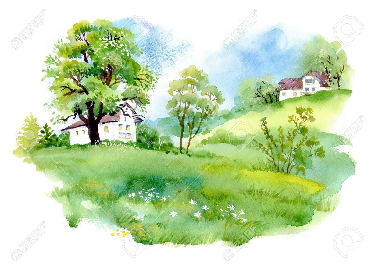 landscape with houses watercolor illustration royalty free cliparts