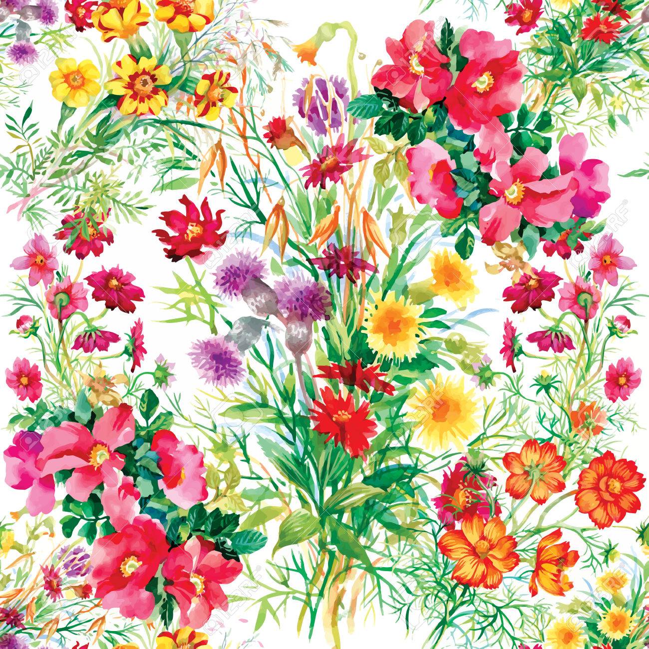 Colorful garden flowers Seamless pattern on white background - 40272702 Colorful garden flowers Seamless pattern on white background - 40272702