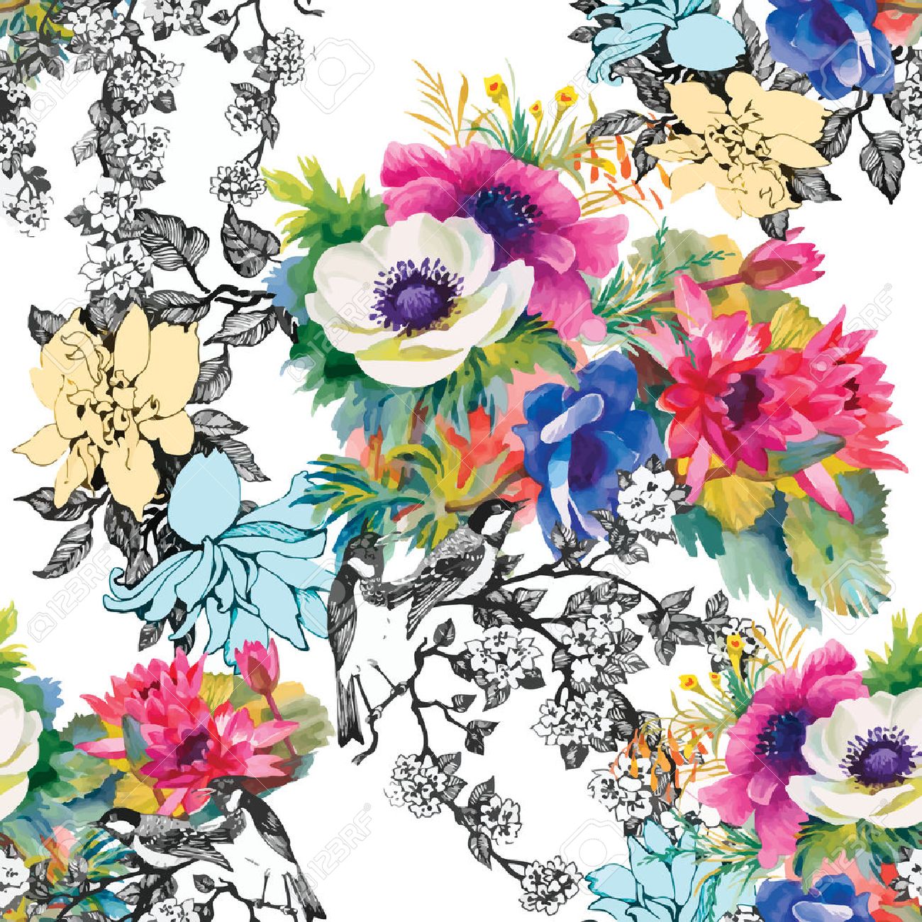 Seamless pattern watercolor flowers, paper, textile, fabric, wrapper, wallpaper,vector - 41643589 Seamless pattern watercolor flowers, paper, textile, fabric, wrapper, wallpaper,vector - 41643589