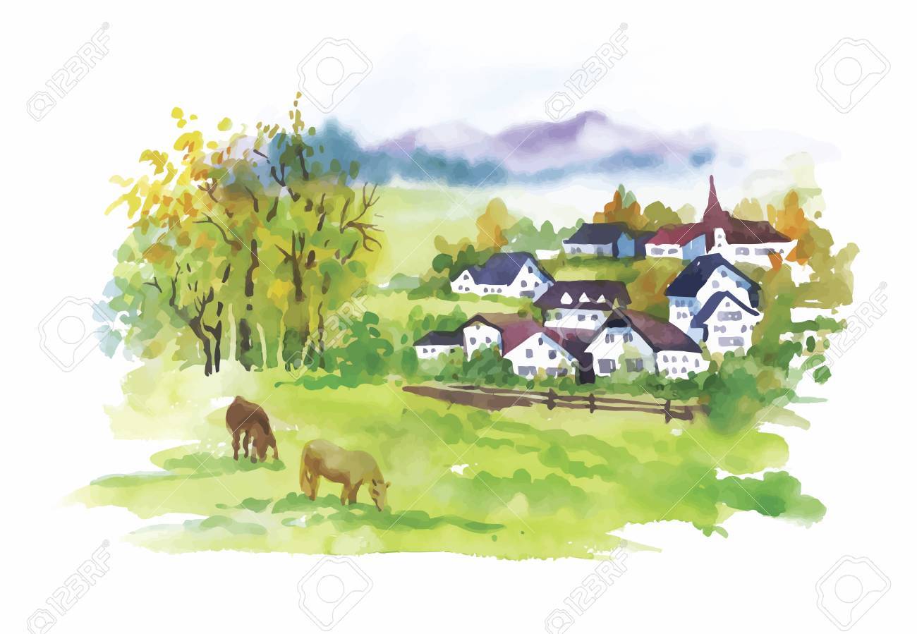 Watercolor rural village in green summer day illustration. - 45116955 Watercolor rural village in green summer day illustration. - 45116955