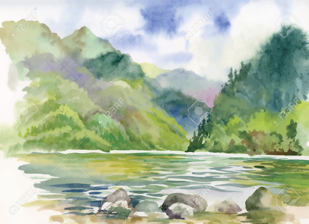 Watercolor summer river landscape vector - 45117228 Watercolor summer river landscape vector - 45117228