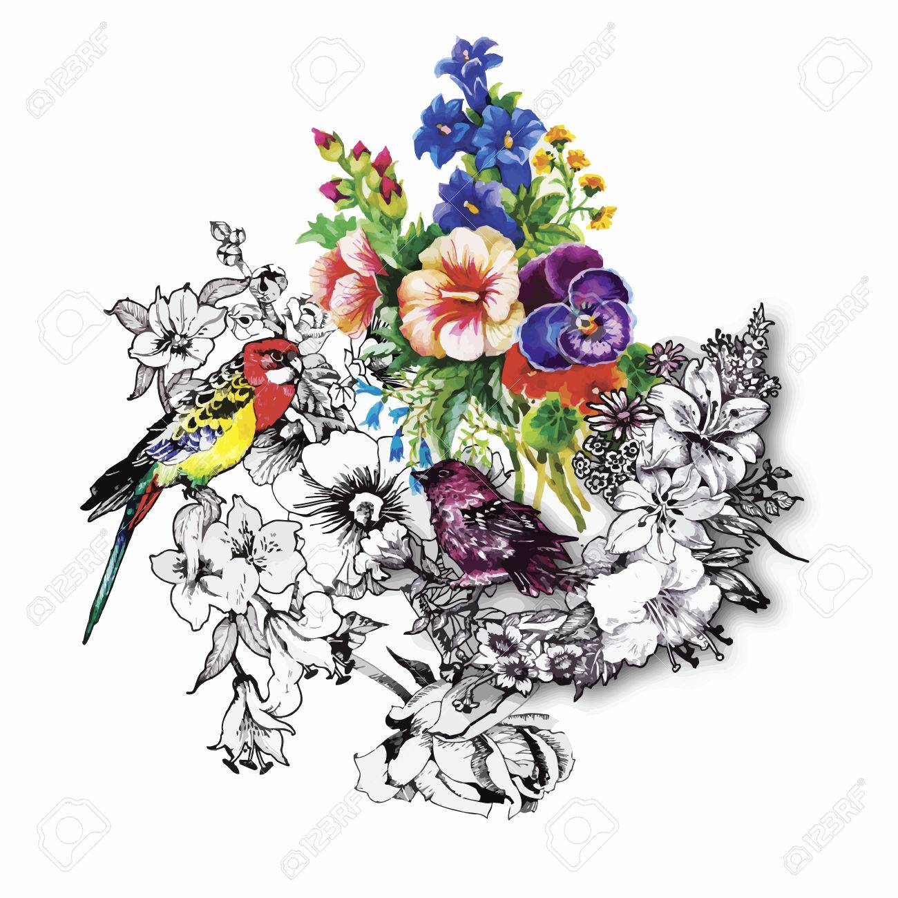 Watercolor hand drawn pattern with tropical summer flowers of and exotic birds. - 45502256 Watercolor hand drawn pattern with tropical summer flowers of and exotic birds. - 45502256