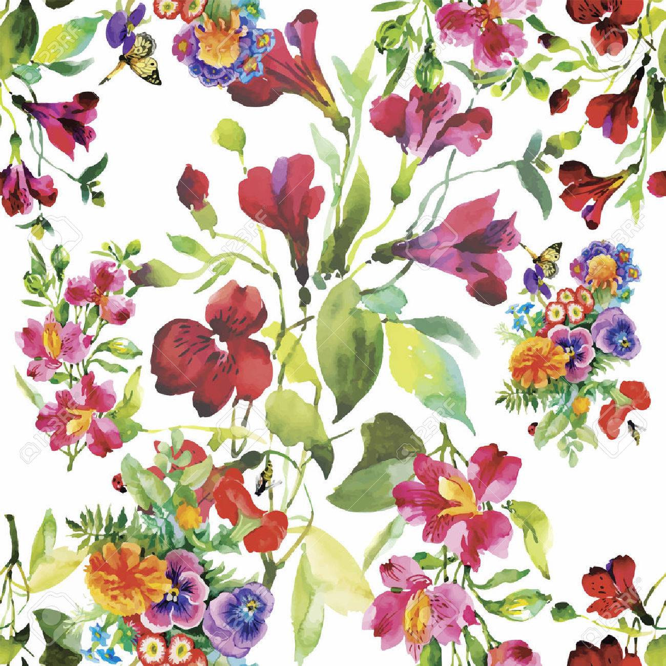 Seamless pattern with Beautiful flowers, Watercolor painting. - 45809942 Seamless pattern with Beautiful flowers, Watercolor painting. - 45809942