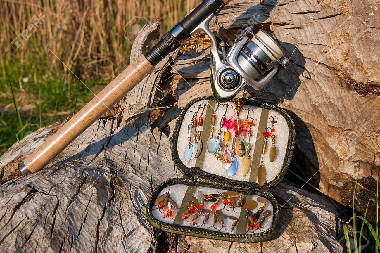 自然の背景に釣りリール付けロッドは釣り 釣り餌の様々 な種類の盛り合わせ 茶色の樹皮と古い木の回転 の写真素材 画像素材 Image 5674