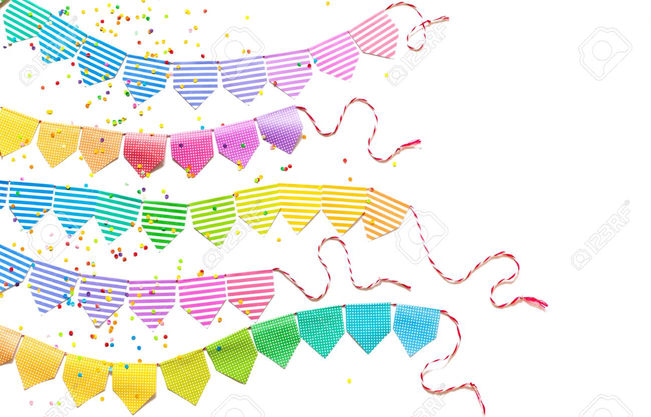 Colored Flags Garland The Background Is White Wood Celebration Stock Photo Picture And Royalty Free Image Image