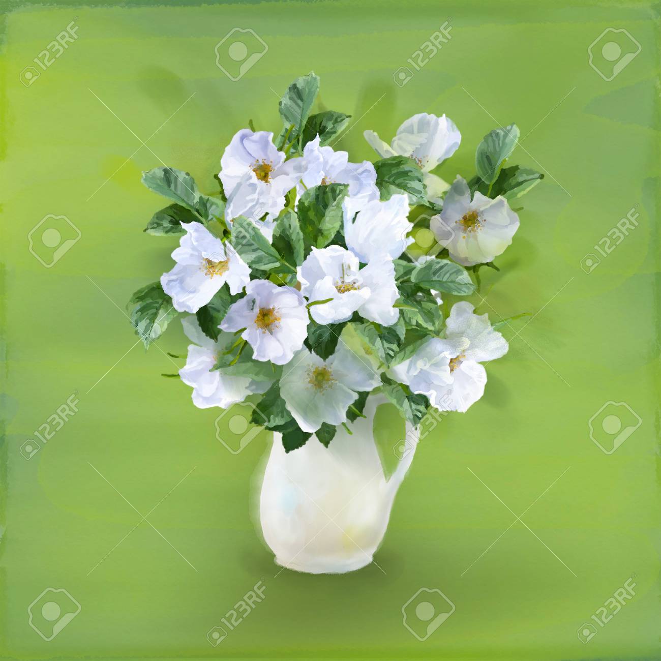 Flowers Bouquet In Glass Vase Watercolor Painting Card With