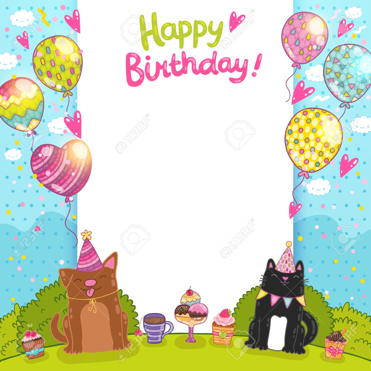 fondo feliz tarjeta de cumpleaños con un gato el perro y pastelitos targeta de cumpleaos