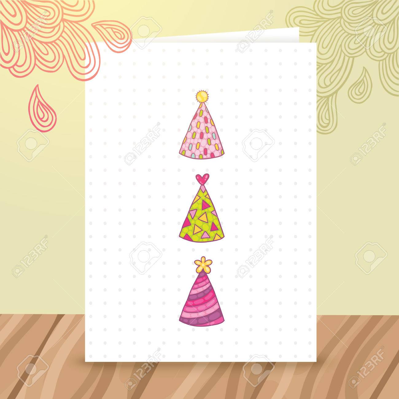 cute cartoon happy birthday postcard template with funny hats