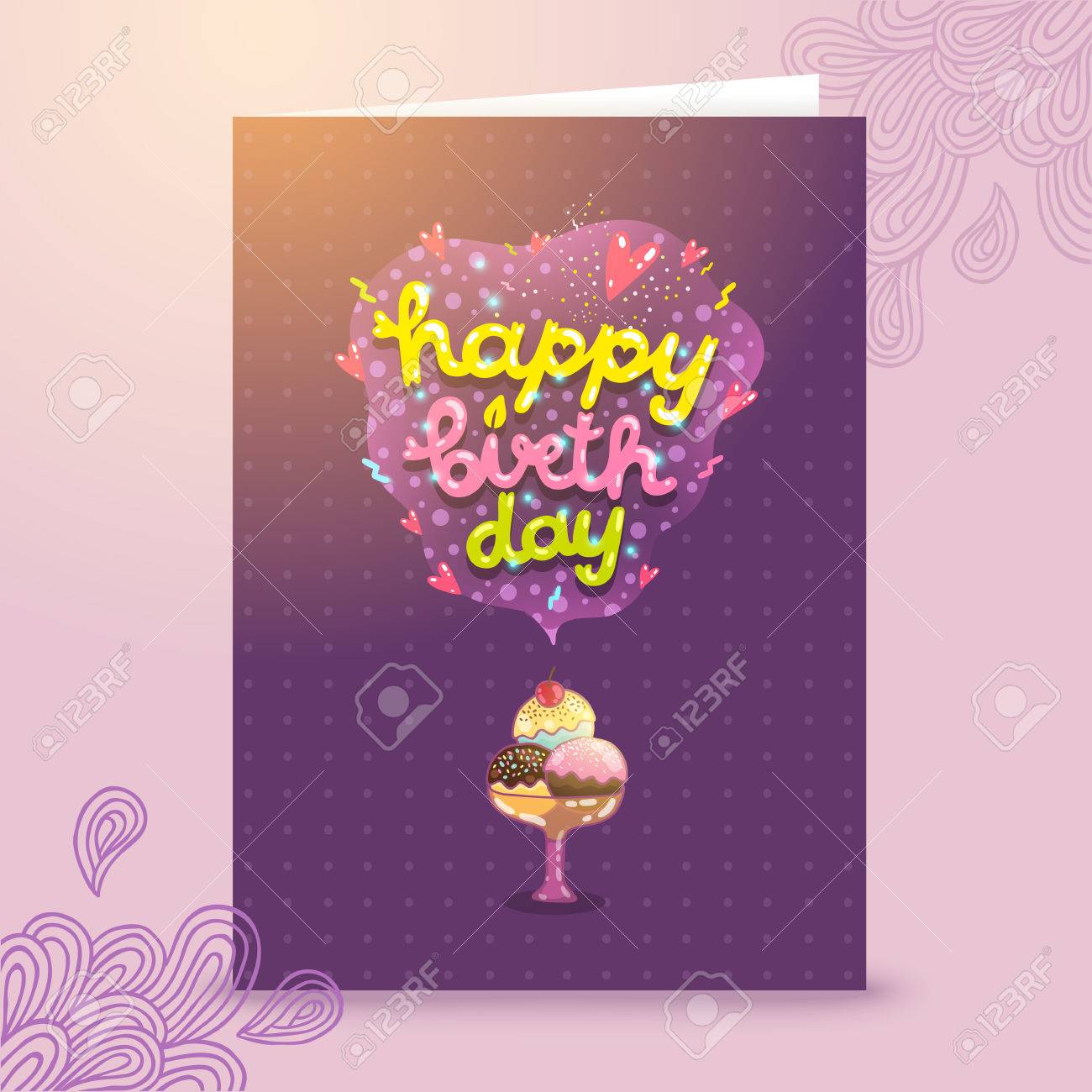 cute cartoon happy birthday postcard template with ice cream
