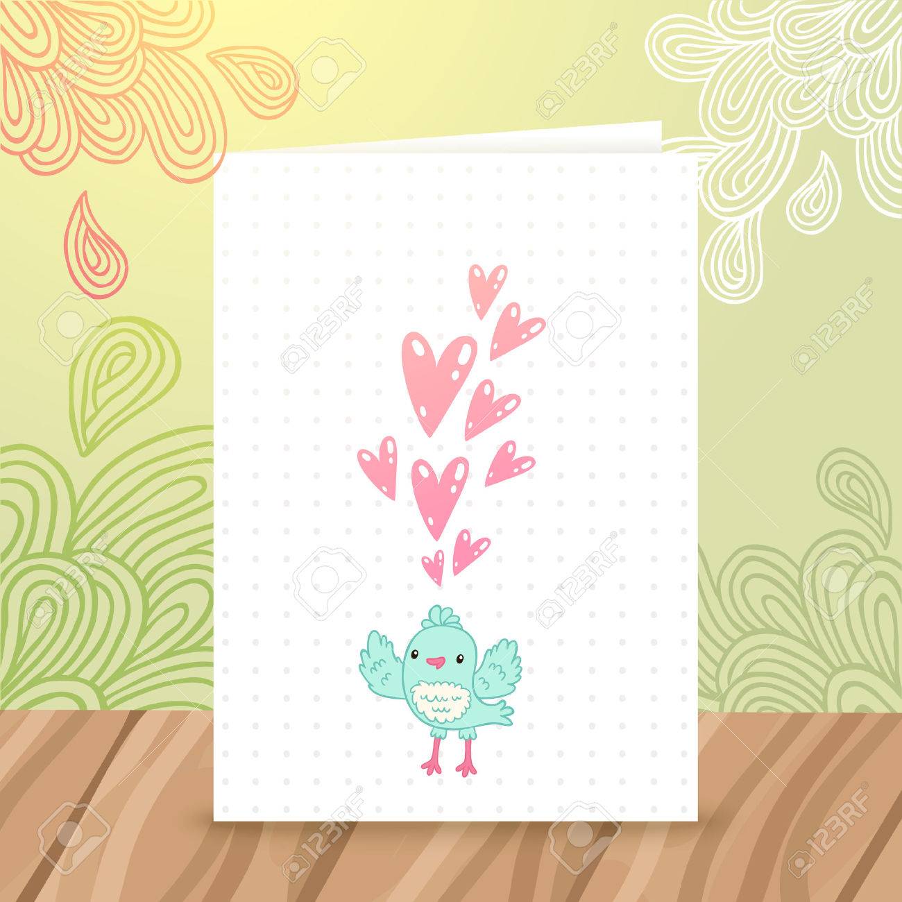 cute cartoon happy birthday postcard template with a bird and birthday postcard template