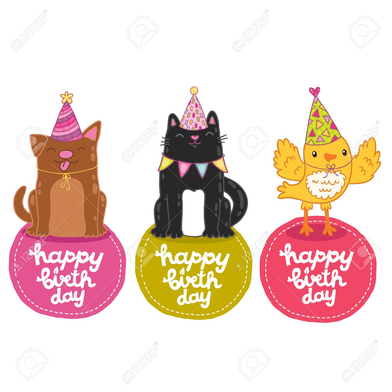 Tiquettes De Joyeux Anniversaire Avec Le Chat Le Chien Et Oiseau Modèle Vecteur De Vacances De Partie