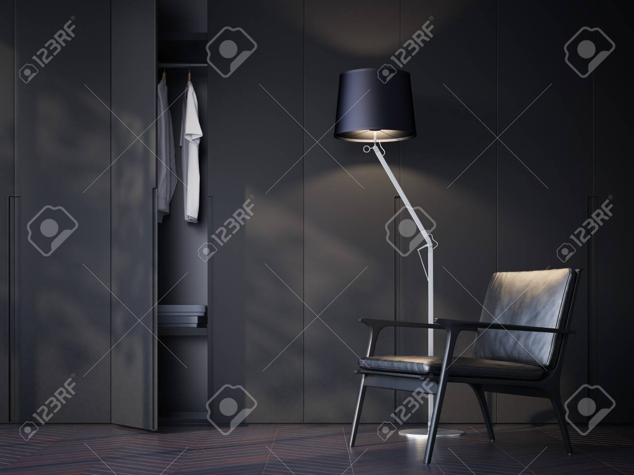 Modern wardrobe room with black leather chair. 3d rendering - 75307361 Modern wardrobe room with black leather chair. 3d rendering - 75307361