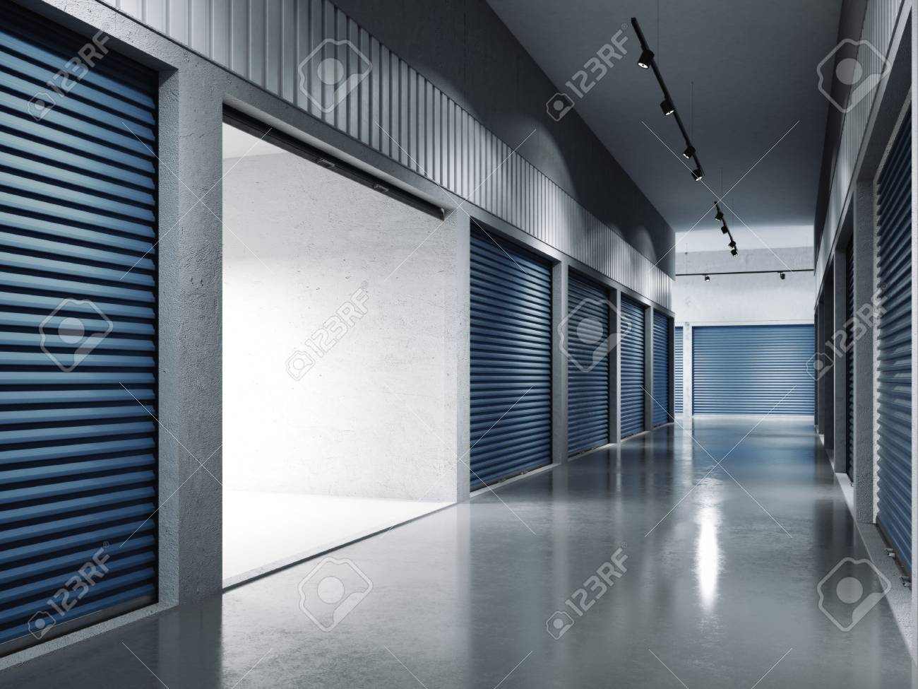 Storage facilities with blue doors. Opened door. .. 3d rendering - 80539831 Storage facilities with blue doors. Opened door. .. 3d rendering - 80539831