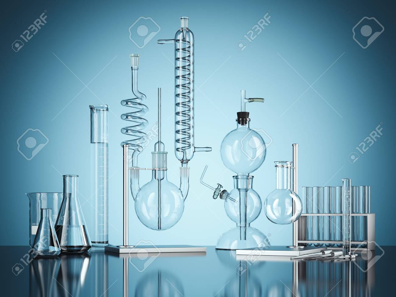 glass chemistry lab equipment on blue background 3d rendering stock chimistry lab