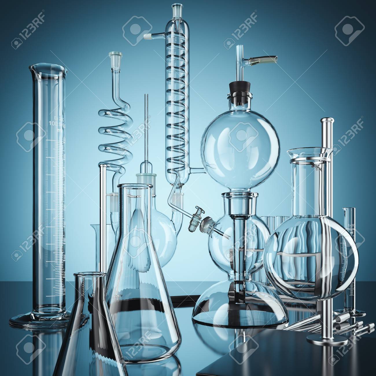 Glass chemistry lab equipment. 3d rendering - 90055994 Glass chemistry lab equipment. 3d rendering - 90055994