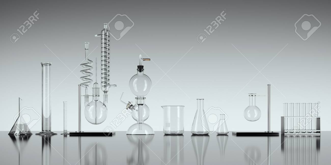 Glass chemistry lab equipment on white background. 3d rendering - 90148895 Glass chemistry lab equipment on white background. 3d rendering - 90148895