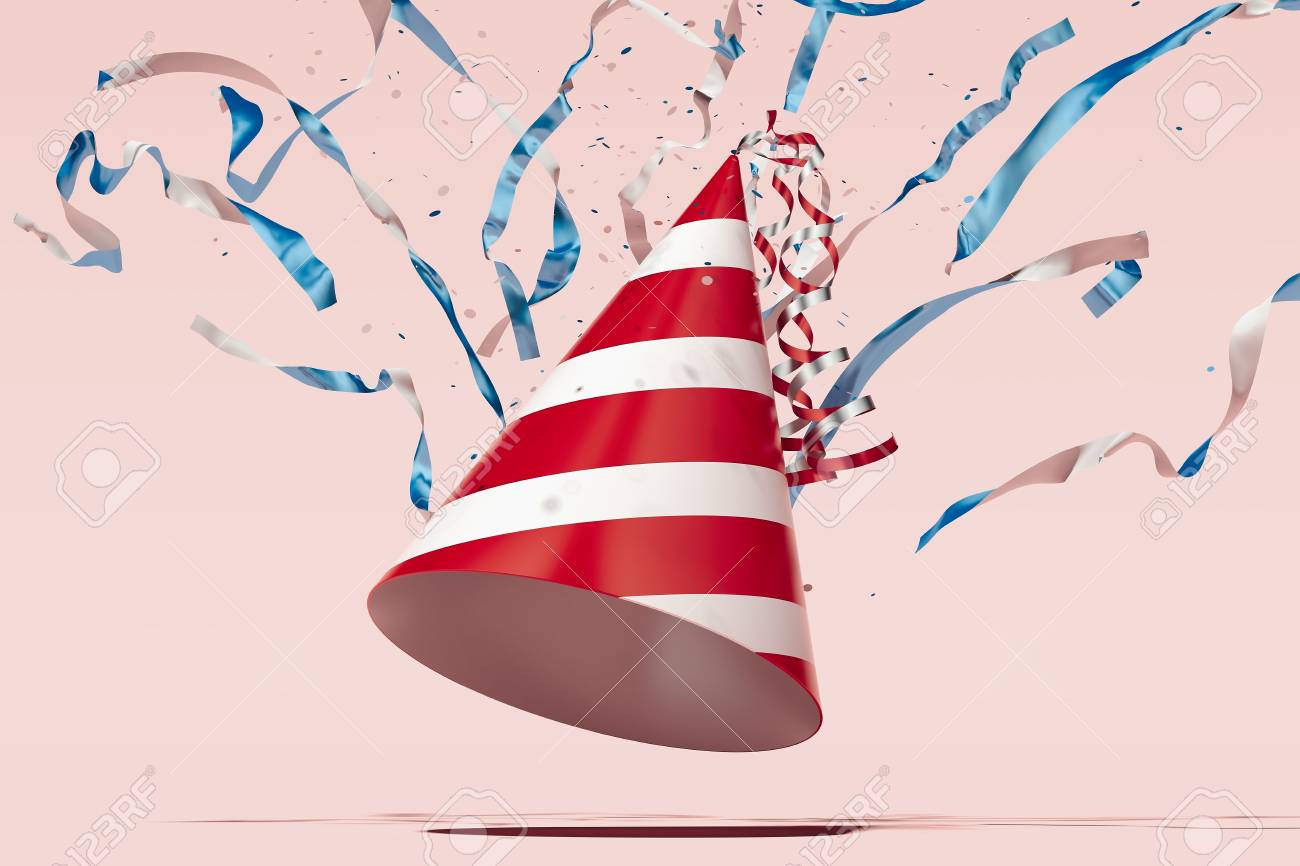 Festive party popper on light pink background, 3d rendering. - 114374497 Festive party popper on light pink background, 3d rendering. - 114374497