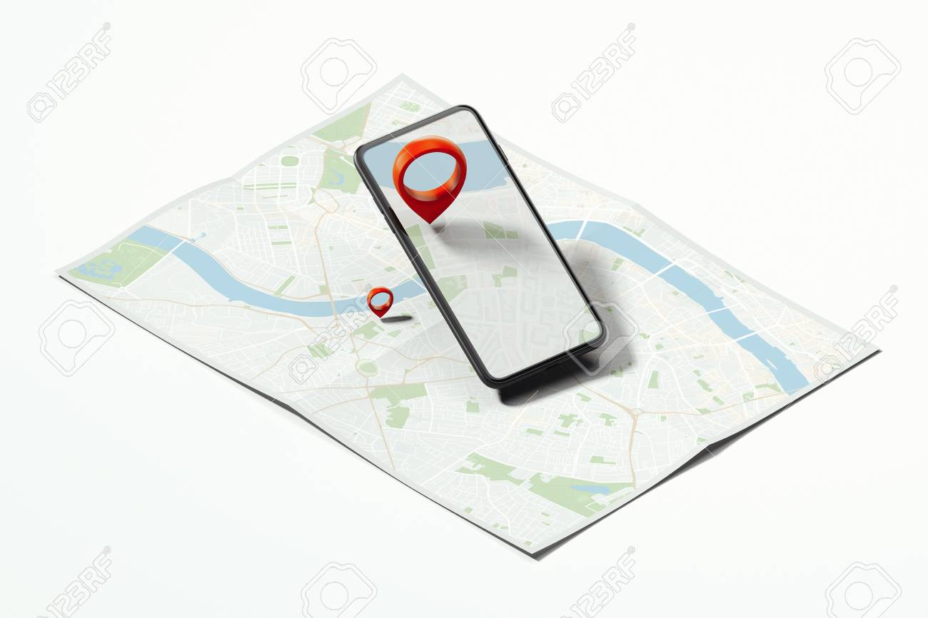 Red geotag or map pin in mobile phone on realistic map. 3d rendering. - 114374382 Red geotag or map pin in mobile phone on realistic map. 3d rendering. - 114374382