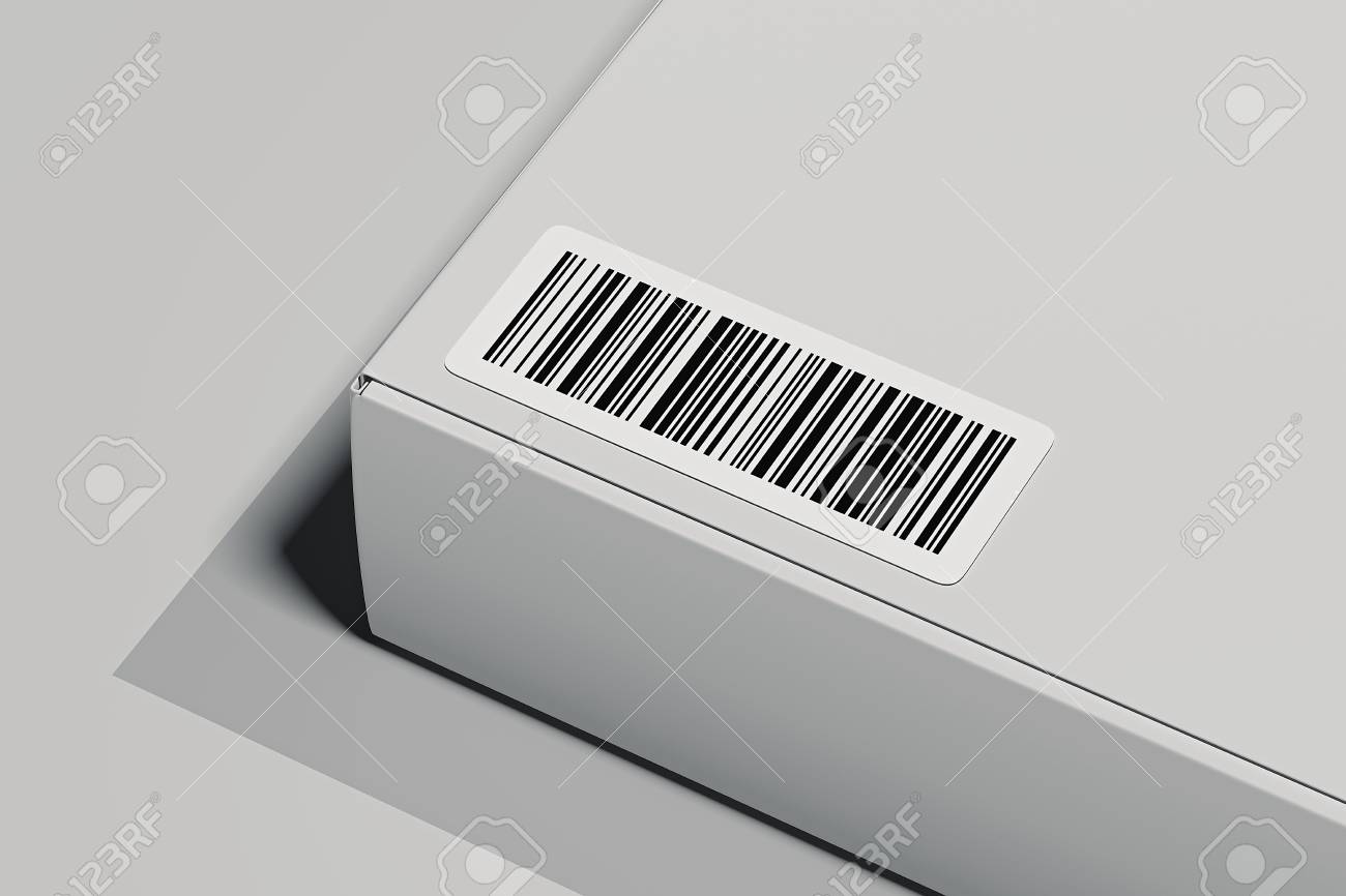 Bar code on white box isolated on light background. 3d rendering. - 117814488 Bar code on white box isolated on light background. 3d rendering. - 117814488