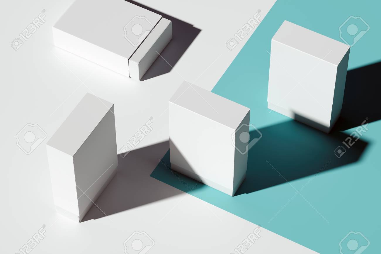 Isolated white realistic cardboard boxes on light blue background. 3d rendering. - 119693534 Isolated white realistic cardboard boxes on light blue background. 3d rendering. - 119693534