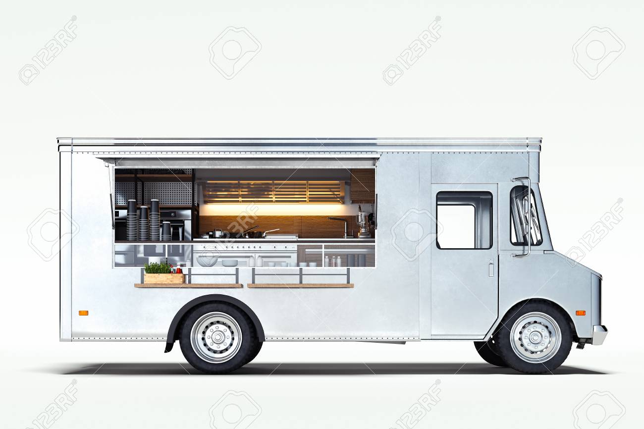 White realistic food truck isolated on white. 3d rendering. - 119693635 White realistic food truck isolated on white. 3d rendering. - 119693635
